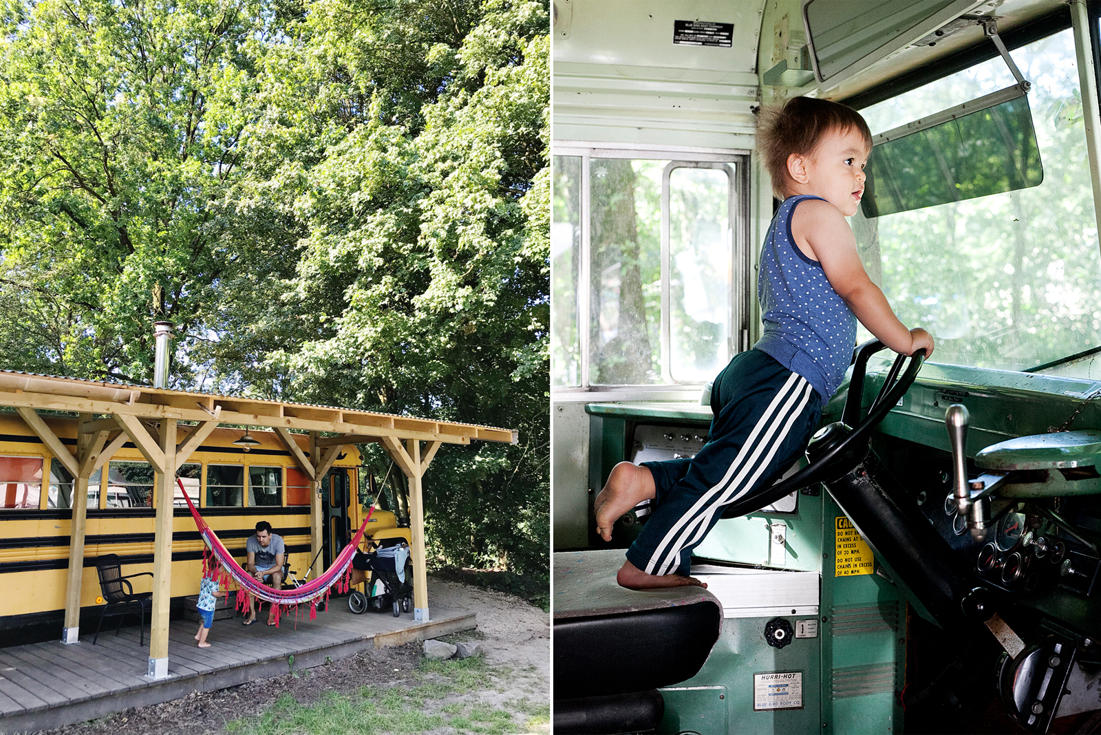 Slapen in een schoolbus bij Kampeerterrein de Lievelinge